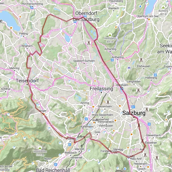 Zemljevid v pomanjšavi "Raziščite naravne lepote okoli Salzburga" kolesarske inspiracije v Salzburg, Austria. Generirano z načrtovalcem kolesarskih poti Tarmacs.app