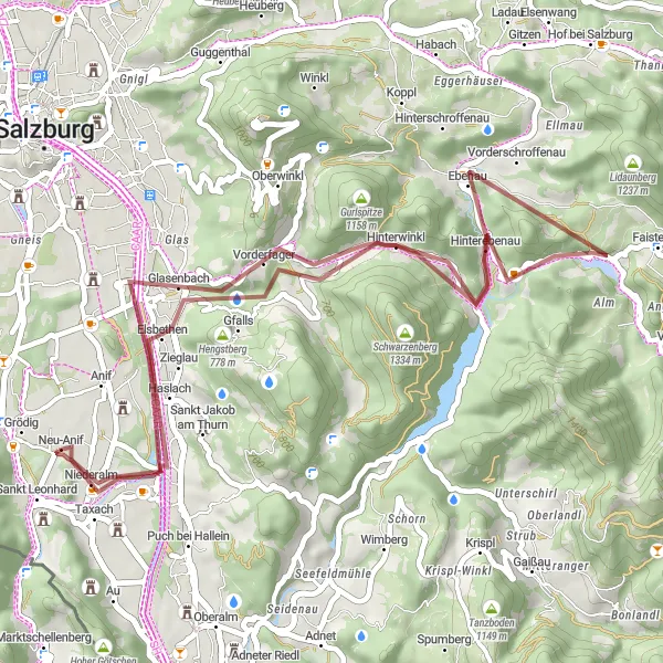 Karttaminiaatyyri "Anif - Steintheater - Ebenau - Gurlspitze - Elsbethen - Goisberg" pyöräilyinspiraatiosta alueella Salzburg, Austria. Luotu Tarmacs.app pyöräilyreittisuunnittelijalla