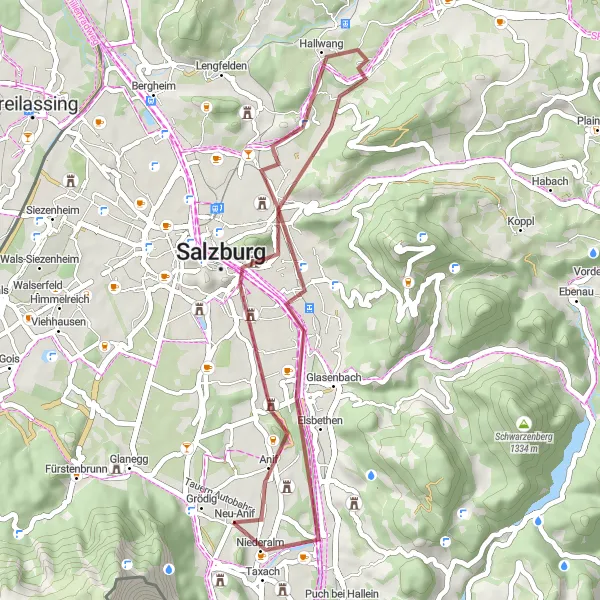 Zemljevid v pomanjšavi "Gravel loop to Hallwang and Kapuzinerberg" kolesarske inspiracije v Salzburg, Austria. Generirano z načrtovalcem kolesarskih poti Tarmacs.app