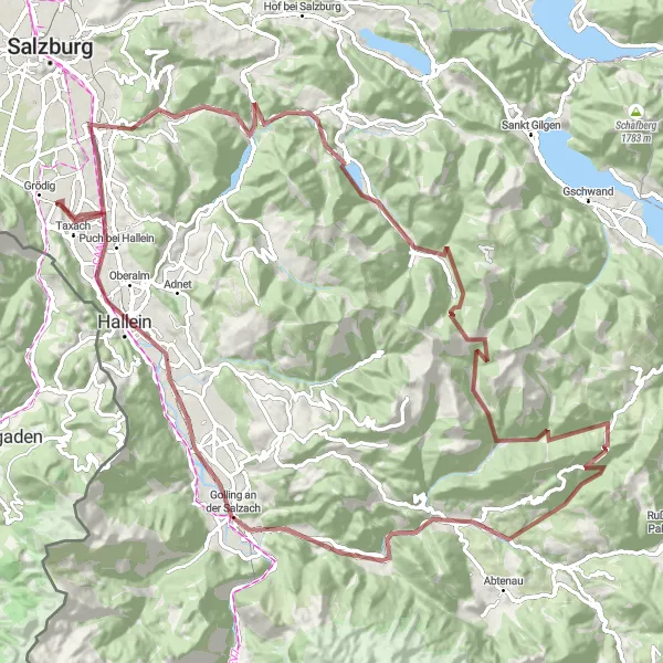 Miniaturní mapa "Gravelová výzva kolem Salzburgu" inspirace pro cyklisty v oblasti Salzburg, Austria. Vytvořeno pomocí plánovače tras Tarmacs.app