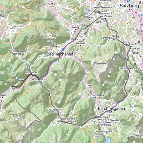 Miniatua del mapa de inspiración ciclista "Ruta de ciclismo de carretera desde Anif" en Salzburg, Austria. Generado por Tarmacs.app planificador de rutas ciclistas
