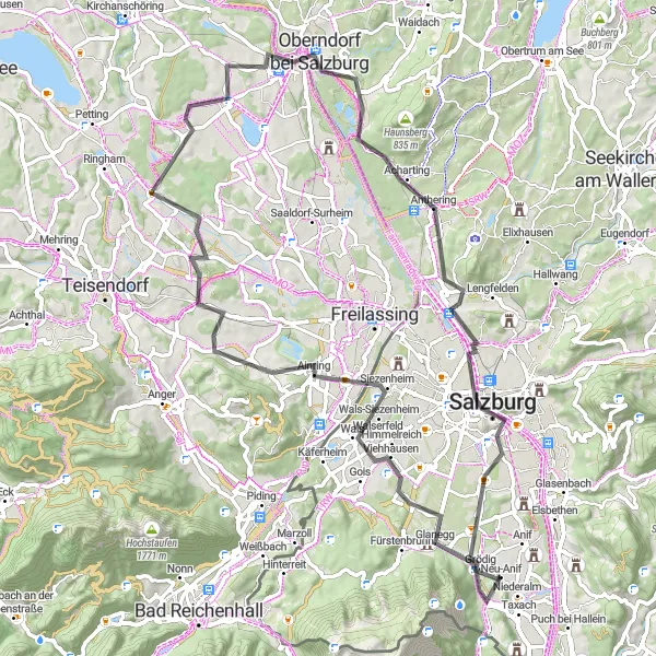 Map miniature of "Salzach Valley Loop" cycling inspiration in Salzburg, Austria. Generated by Tarmacs.app cycling route planner