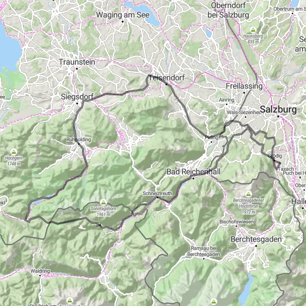 Karttaminiaatyyri "Salzburg-hetkiä ja Alppien kauneutta" pyöräilyinspiraatiosta alueella Salzburg, Austria. Luotu Tarmacs.app pyöräilyreittisuunnittelijalla
