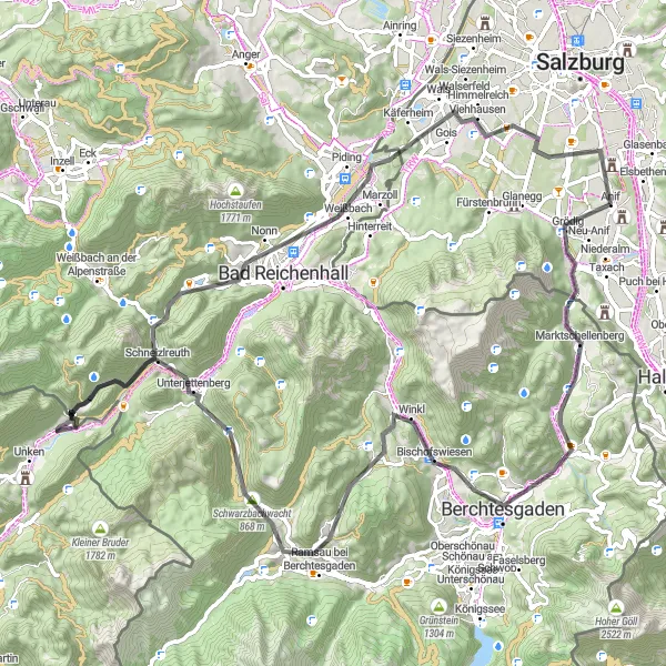 Karttaminiaatyyri "Anif - Kiliansberg - Berchtesgaden - Ramsau bei Berchtesgaden - Kogel - Schneizlreuth - Bad Reichenhall - Schloss Emsburg - Hellbrunner Berg" pyöräilyinspiraatiosta alueella Salzburg, Austria. Luotu Tarmacs.app pyöräilyreittisuunnittelijalla