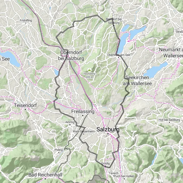 Karttaminiaatyyri "Grödig - Oberndorf bei Salzburg - Schloss Hellbrunn" pyöräilyinspiraatiosta alueella Salzburg, Austria. Luotu Tarmacs.app pyöräilyreittisuunnittelijalla