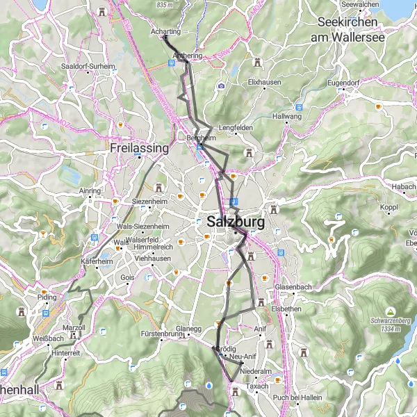 Map miniature of "Road Loop to Salzburg, Anthering, Hellbrunner Berg, and Goisberg" cycling inspiration in Salzburg, Austria. Generated by Tarmacs.app cycling route planner