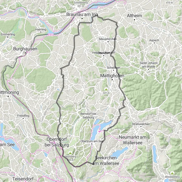 Miniatura della mappa di ispirazione al ciclismo "Giro in bici tra Anthering e Schöngumprechting" nella regione di Salzburg, Austria. Generata da Tarmacs.app, pianificatore di rotte ciclistiche