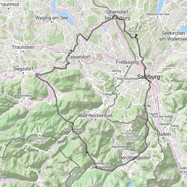 Zemljevid v pomanjšavi "Cestna kolesarska pot okoli Anthering" kolesarske inspiracije v Salzburg, Austria. Generirano z načrtovalcem kolesarskih poti Tarmacs.app