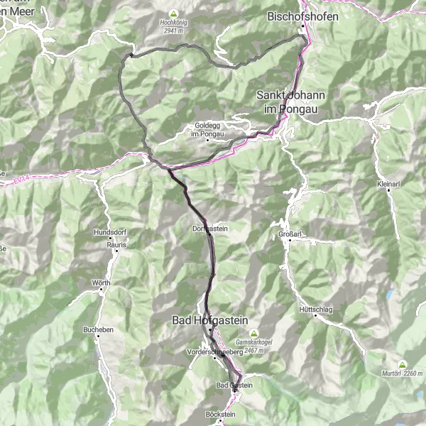 Miniature de la carte de l'inspiration cycliste "Parcours alpin autour de Bad Gastein" dans la Salzburg, Austria. Générée par le planificateur d'itinéraire cycliste Tarmacs.app