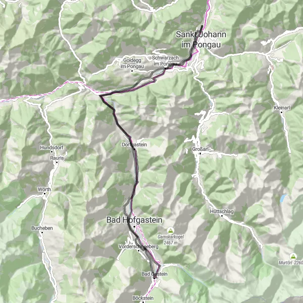 Miniature de la carte de l'inspiration cycliste "Les sommets et les chutes d'eau de Bad Gastein" dans la Salzburg, Austria. Générée par le planificateur d'itinéraire cycliste Tarmacs.app