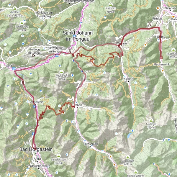 Miniatura della mappa di ispirazione al ciclismo "Giro in bicicletta su percorsi sterrati vicino a Bad Hofgastein" nella regione di Salzburg, Austria. Generata da Tarmacs.app, pianificatore di rotte ciclistiche