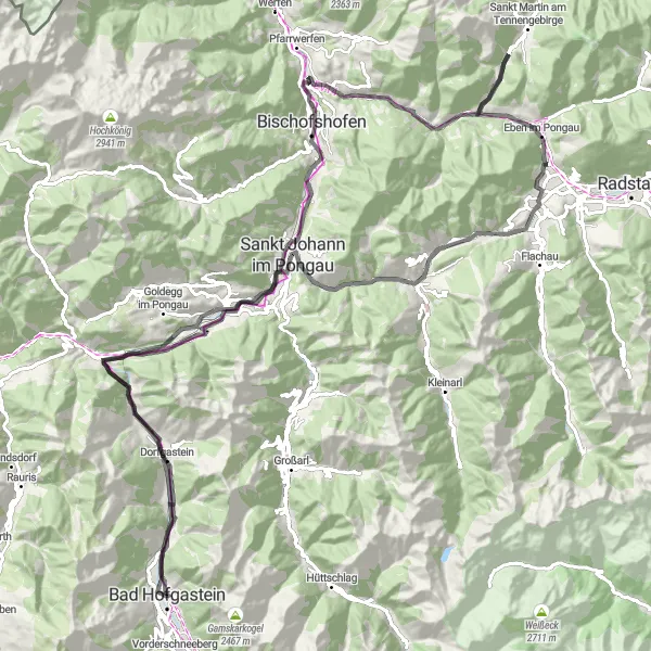 Miniatua del mapa de inspiración ciclista "Ruta en Carretera Klammstein - Weitmoserschlössl" en Salzburg, Austria. Generado por Tarmacs.app planificador de rutas ciclistas