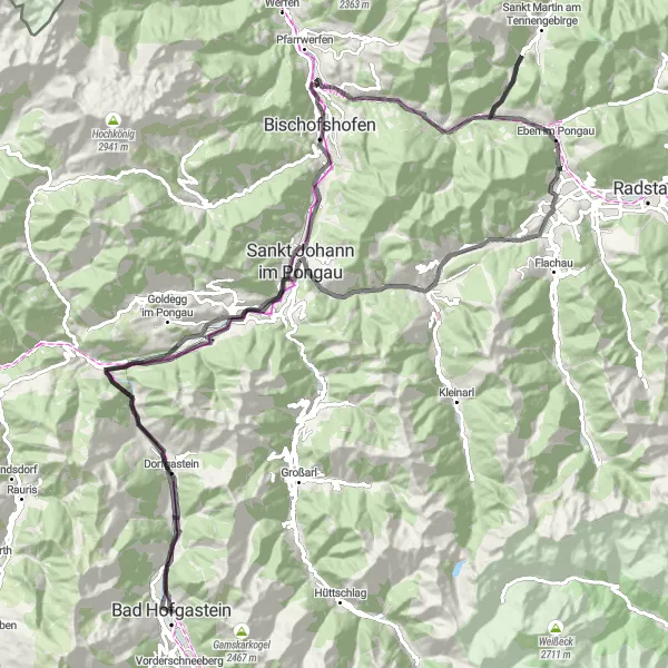 Miniatura della mappa di ispirazione al ciclismo "Pedalata emozionante attraverso la regione di Bad Hofgastein" nella regione di Salzburg, Austria. Generata da Tarmacs.app, pianificatore di rotte ciclistiche