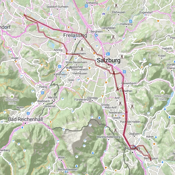 Miniatua del mapa de inspiración ciclista "Ruta gravel a través de paisajes pintorescos" en Salzburg, Austria. Generado por Tarmacs.app planificador de rutas ciclistas