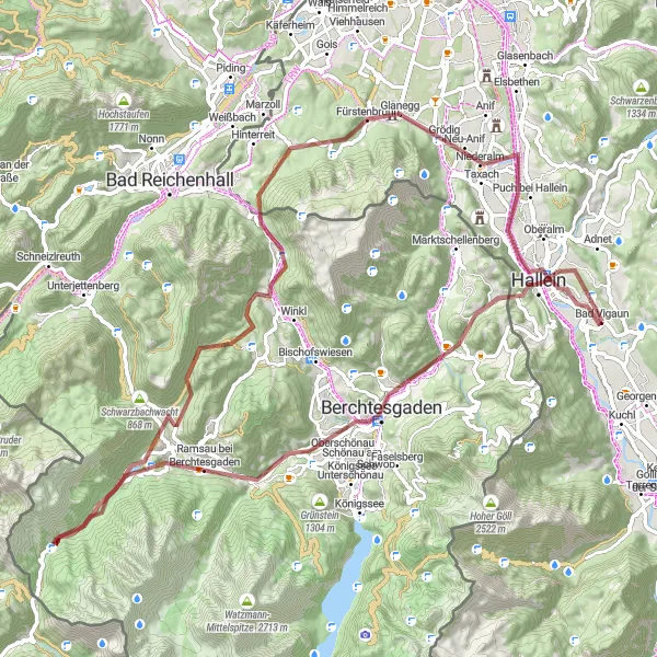 Zemljevid v pomanjšavi "Razgibano gorsko kolesarjenje po Salzburški regiji" kolesarske inspiracije v Salzburg, Austria. Generirano z načrtovalcem kolesarskih poti Tarmacs.app