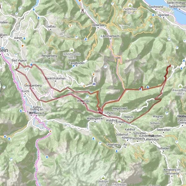 Karten-Miniaturansicht der Radinspiration "Herausfordernde Bergtour ab Bad Vigaun" in Salzburg, Austria. Erstellt vom Tarmacs.app-Routenplaner für Radtouren