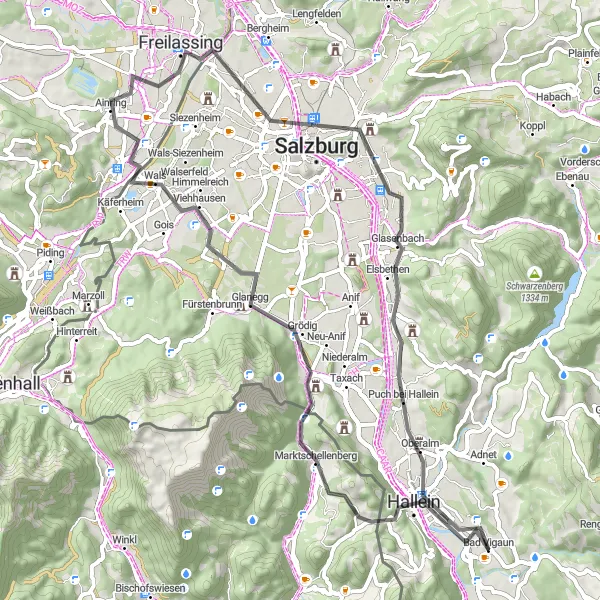 Miniatura della mappa di ispirazione al ciclismo "Giro in bicicletta Bad Vigaun - Hallein" nella regione di Salzburg, Austria. Generata da Tarmacs.app, pianificatore di rotte ciclistiche