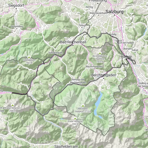 Miniatuurkaart van de fietsinspiratie "Uitdagende rit door Bad Reichenhall en Hallein" in Salzburg, Austria. Gemaakt door de Tarmacs.app fietsrouteplanner