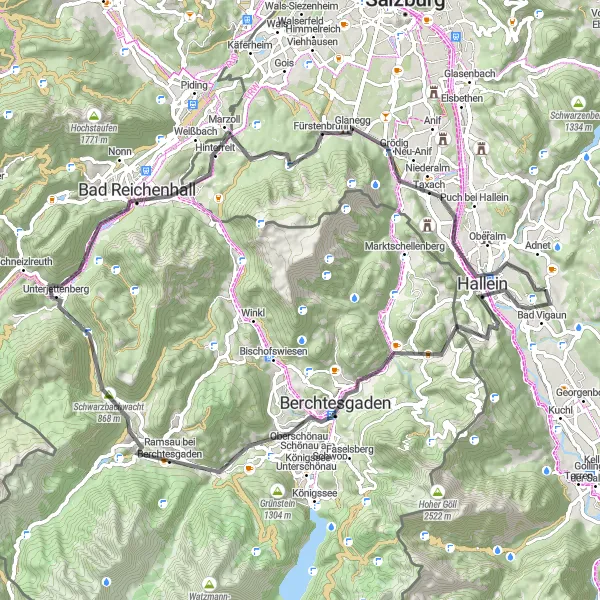 Zemljevid v pomanjšavi "Čudovita cestna pot v okolici Bad Vigauna (road)" kolesarske inspiracije v Salzburg, Austria. Generirano z načrtovalcem kolesarskih poti Tarmacs.app