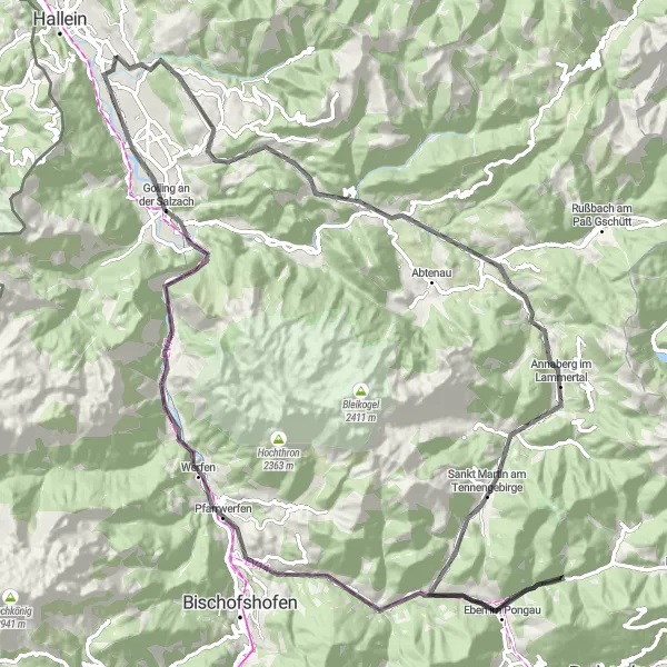 Miniatura della mappa di ispirazione al ciclismo "Esperienza indimenticabile tra Moosegg e Kuchl" nella regione di Salzburg, Austria. Generata da Tarmacs.app, pianificatore di rotte ciclistiche