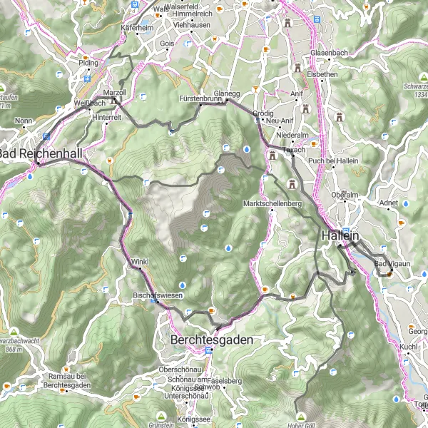 Miniaturní mapa "Salzburgská cyklistická cesta" inspirace pro cyklisty v oblasti Salzburg, Austria. Vytvořeno pomocí plánovače tras Tarmacs.app