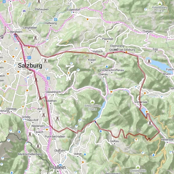 Map miniature of "Gravel Adventure to the Koppl Plateau" cycling inspiration in Salzburg, Austria. Generated by Tarmacs.app cycling route planner