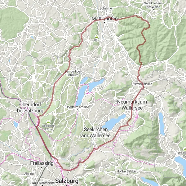 Miniaturní mapa "Gravel around Bergheim" inspirace pro cyklisty v oblasti Salzburg, Austria. Vytvořeno pomocí plánovače tras Tarmacs.app