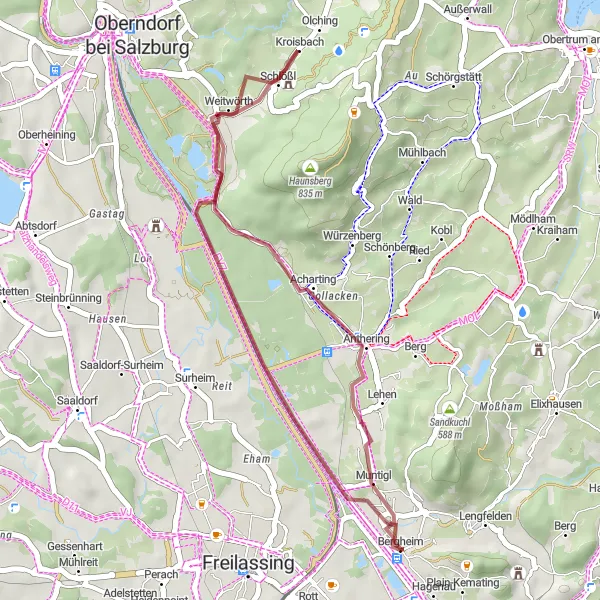 Miniaturní mapa "Scenic Gravel Route near Bergheim" inspirace pro cyklisty v oblasti Salzburg, Austria. Vytvořeno pomocí plánovače tras Tarmacs.app