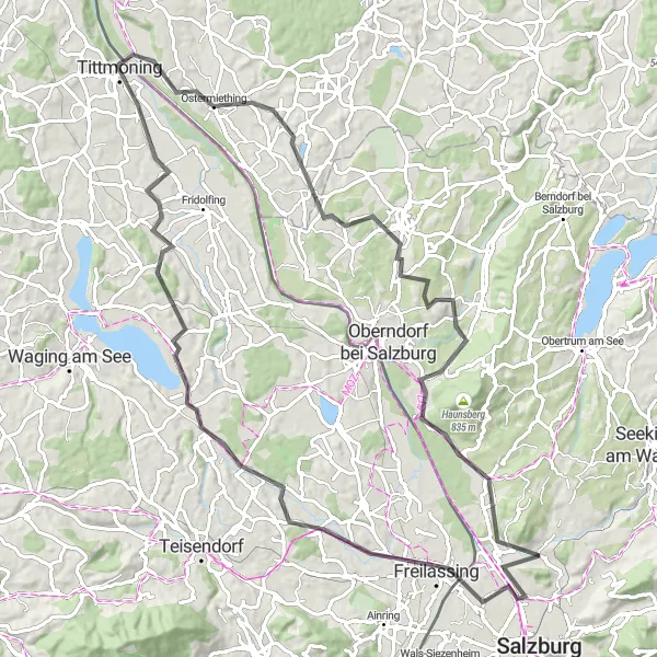 Miniatuurkaart van de fietsinspiratie "Wegroute naar Tittmoning en omgeving" in Salzburg, Austria. Gemaakt door de Tarmacs.app fietsrouteplanner