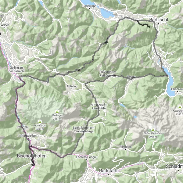 Miniatua del mapa de inspiración ciclista "Ruta de Bicicleta de Carretera Épica desde Bischofshofen" en Salzburg, Austria. Generado por Tarmacs.app planificador de rutas ciclistas