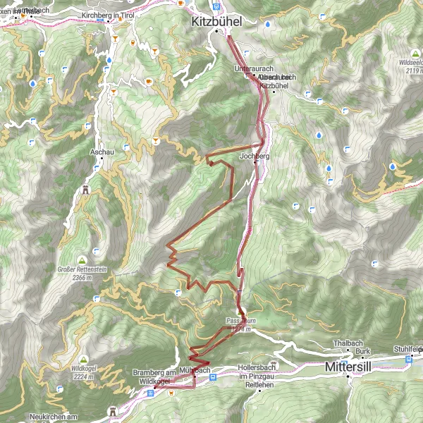 Zemljevid v pomanjšavi "Gorska dogodivščina po makadamskih poteh do Kitzbühela" kolesarske inspiracije v Salzburg, Austria. Generirano z načrtovalcem kolesarskih poti Tarmacs.app