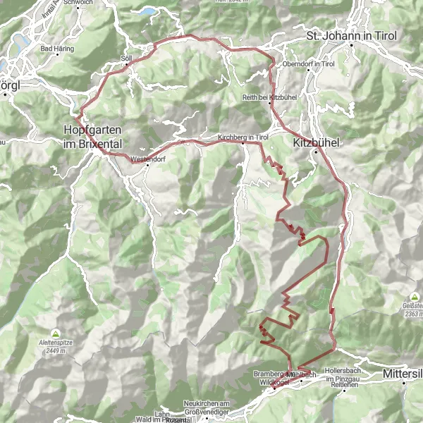 Miniatuurkaart van de fietsinspiratie "Epische graveltocht naar Pengelstein en Jochberg" in Salzburg, Austria. Gemaakt door de Tarmacs.app fietsrouteplanner