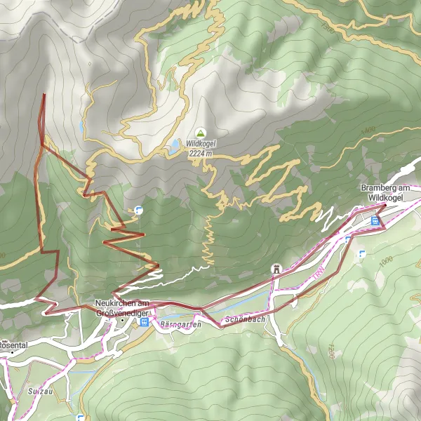 Miniaturní mapa "Gravelová cesta okolo Brambergu am Wildkogel" inspirace pro cyklisty v oblasti Salzburg, Austria. Vytvořeno pomocí plánovače tras Tarmacs.app