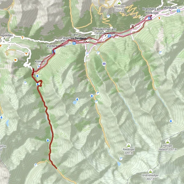 Miniatura della mappa di ispirazione al ciclismo "Gravel Route delle Cascate di Krimml" nella regione di Salzburg, Austria. Generata da Tarmacs.app, pianificatore di rotte ciclistiche
