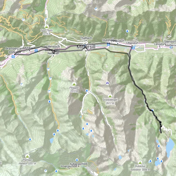 Miniaturekort af cykelinspirationen "Road Rundtur fra Bramberg am Wildkogel til Dorf" i Salzburg, Austria. Genereret af Tarmacs.app cykelruteplanlægger