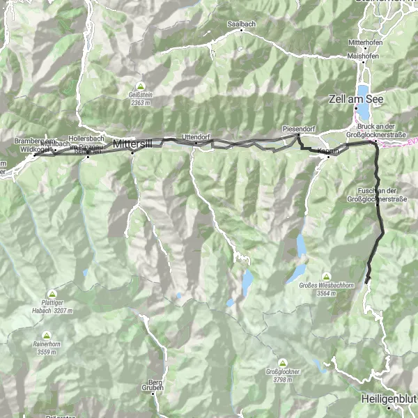 Miniatua del mapa de inspiración ciclista "Aventura ciclista hacia la Burg Kaprun desde Bramberg am Wildkogel" en Salzburg, Austria. Generado por Tarmacs.app planificador de rutas ciclistas