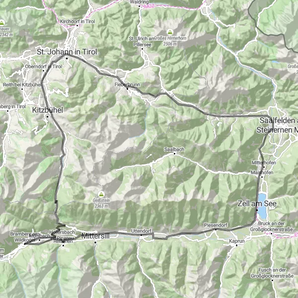 Zemljevid v pomanjšavi "Epik cestni maraton od Bramberga v Hollersbach im Pinzgau" kolesarske inspiracije v Salzburg, Austria. Generirano z načrtovalcem kolesarskih poti Tarmacs.app