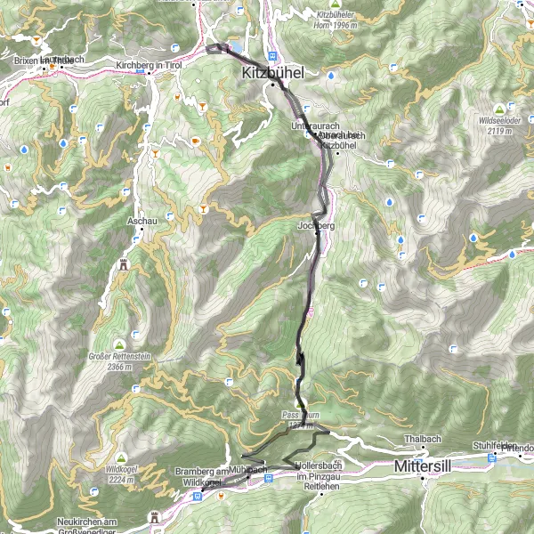 Miniatura della mappa di ispirazione al ciclismo "Road Tour delle Montagne Kitzbühel" nella regione di Salzburg, Austria. Generata da Tarmacs.app, pianificatore di rotte ciclistiche