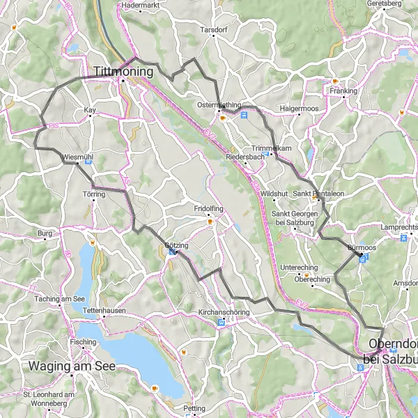 Miniatura della mappa di ispirazione al ciclismo "Pedalata panoramica tra Laufen e Sankt Pantaleon" nella regione di Salzburg, Austria. Generata da Tarmacs.app, pianificatore di rotte ciclistiche