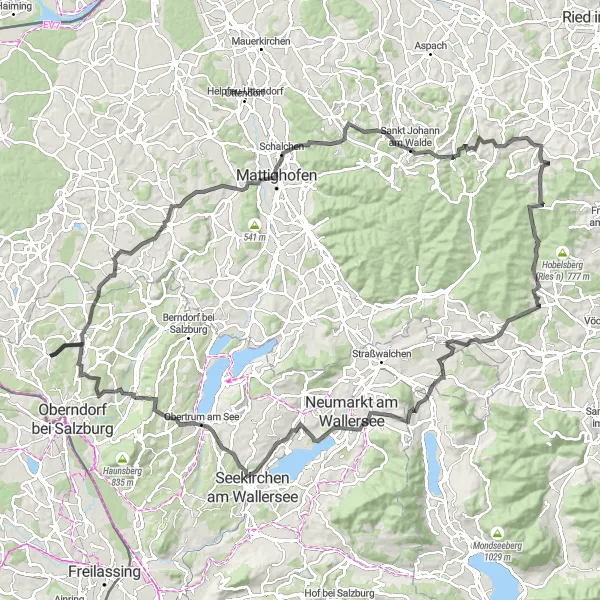 Miniaturní mapa "Trasa kolem Bürmoos s výhledy na zajímavé oblasti" inspirace pro cyklisty v oblasti Salzburg, Austria. Vytvořeno pomocí plánovače tras Tarmacs.app