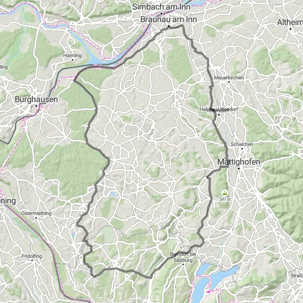 Miniatura della mappa di ispirazione al ciclismo "Giro in bicicletta da Bürmoos a Innsbruck" nella regione di Salzburg, Austria. Generata da Tarmacs.app, pianificatore di rotte ciclistiche