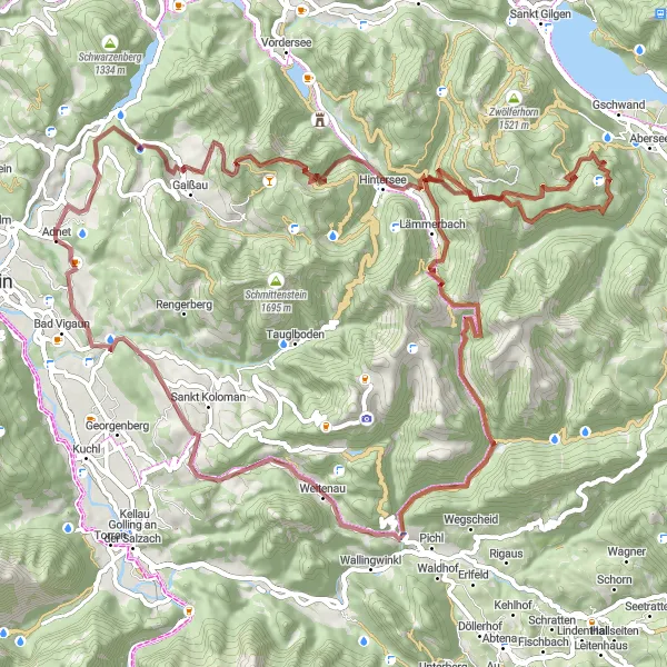 Miniatura della mappa di ispirazione al ciclismo "Esplorazione in bicicletta tra le montagne austriache" nella regione di Salzburg, Austria. Generata da Tarmacs.app, pianificatore di rotte ciclistiche