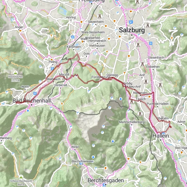 Mapa miniatúra "Cyklotrasa cez Schloss Rif a Oberalm" cyklistická inšpirácia v Salzburg, Austria. Vygenerované cyklistickým plánovačom trás Tarmacs.app