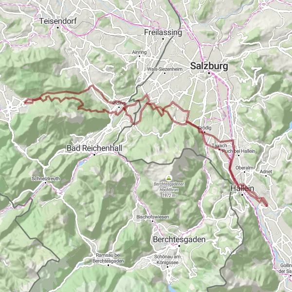 Miniature de la carte de l'inspiration cycliste "Aventure nature autour de Hochstaufen" dans la Salzburg, Austria. Générée par le planificateur d'itinéraire cycliste Tarmacs.app