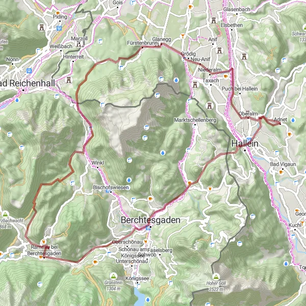 Miniatura della mappa di ispirazione al ciclismo "Tour delle Alpi Bavarese in Mountain Bike" nella regione di Salzburg, Austria. Generata da Tarmacs.app, pianificatore di rotte ciclistiche