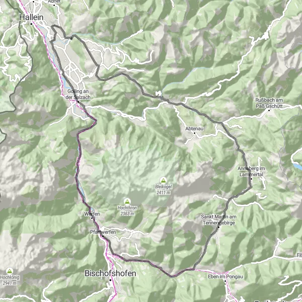 Miniatura mapy "Trasa wzdłuż Burgfried: Wspinaczka na szczyt i malownicze krajobrazy" - trasy rowerowej w Salzburg, Austria. Wygenerowane przez planer tras rowerowych Tarmacs.app