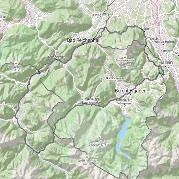 Miniatura della mappa di ispirazione al ciclismo "Giro delle Alpi Bavarese" nella regione di Salzburg, Austria. Generata da Tarmacs.app, pianificatore di rotte ciclistiche