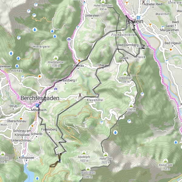 Miniatua del mapa de inspiración ciclista "Ruta en carretera a través de Obersalzberg y Hocheck" en Salzburg, Austria. Generado por Tarmacs.app planificador de rutas ciclistas