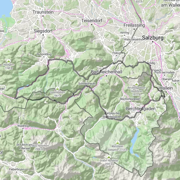 Miniatura della mappa di ispirazione al ciclismo "Esplorazione ciclistica tra Austria e Germania" nella regione di Salzburg, Austria. Generata da Tarmacs.app, pianificatore di rotte ciclistiche