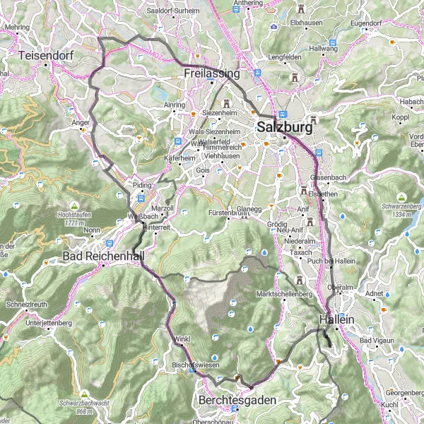 Miniature de la carte de l'inspiration cycliste "Tour du Kiliansberg et Bischofswiesen" dans la Salzburg, Austria. Générée par le planificateur d'itinéraire cycliste Tarmacs.app